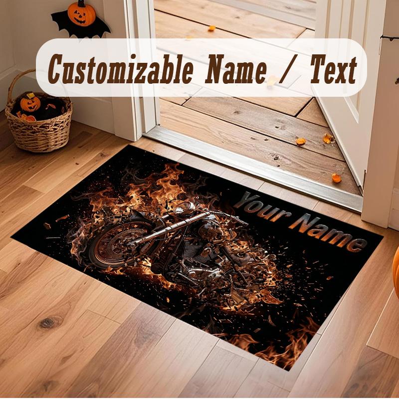 Motorcycle Biker Theme Soft Crystal Velvet Rug Custom Name & Text Print Non Slip Floor Rug for Bedroom Living Room