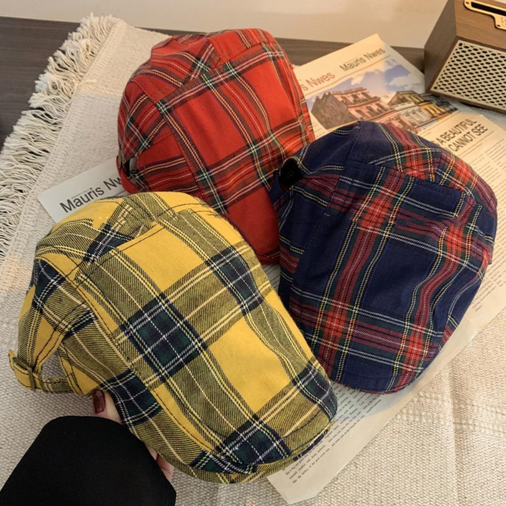 Cotton British Forward Hat Short Brim Cloth Painter Cap Simple Plaid Beret Cap Work