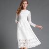 2025 European & American Women's Autumn White Lace Long Sleeve Slim Midi Dress with Round Neck