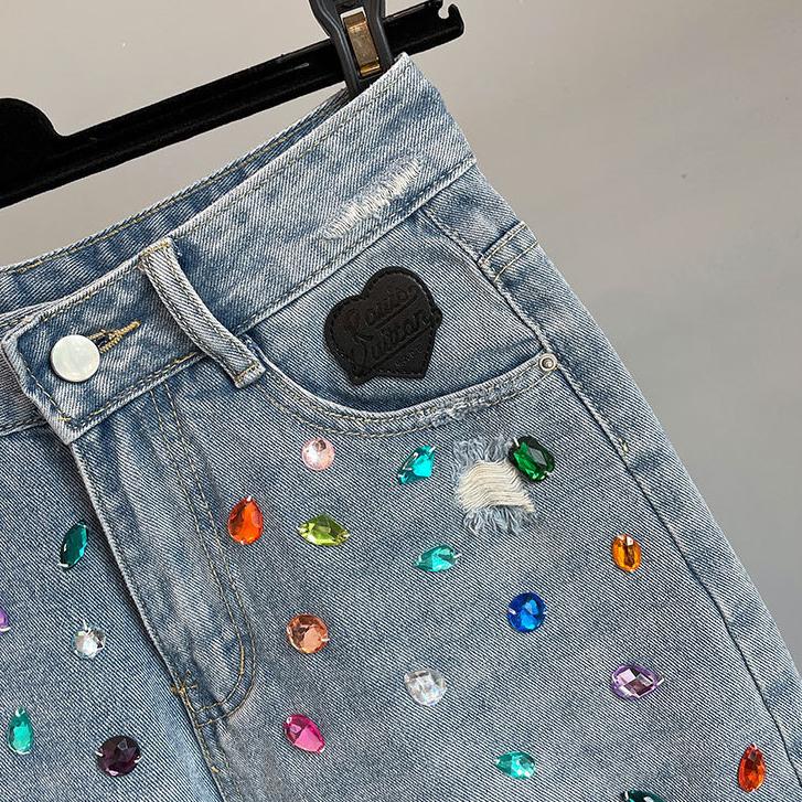 Diamond Studded Beads High-waisted Denim Shorts Female Summer Models Slim Versatile Broken Tassel Shorts