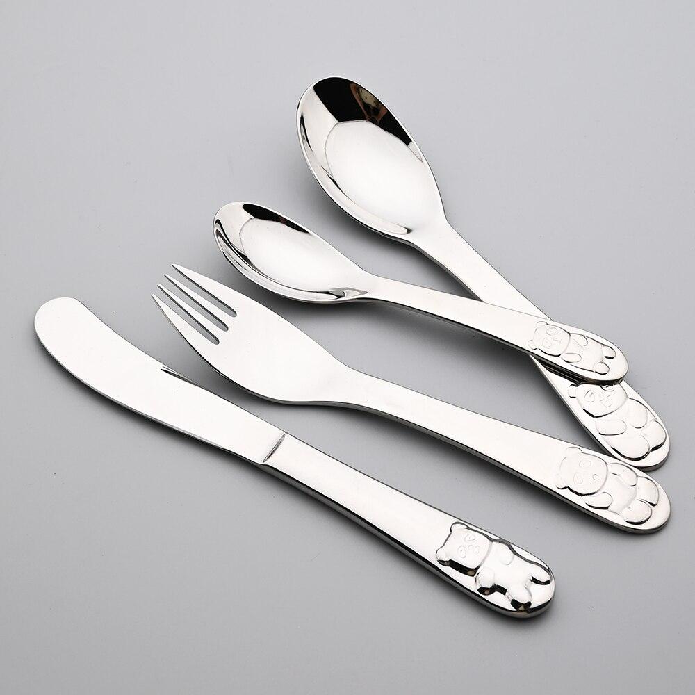 4 Pcs Silver Dinnerware Cutlery Spoon Food Feeding Fork Knife Utensils Set 304 Stainless Steel Learning Eating Panda Pattern Tableware
