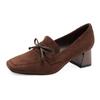 Square Head High Heels Autumn and Winter Bow Women's Shoes 2025 New British Style Brown Retro French Thick Heel Single Shoes