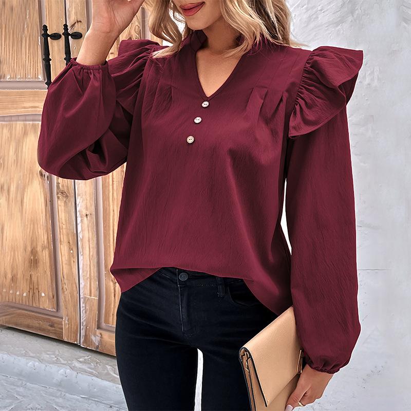 YYFS Women's Fashion Casual Solid Color Print Long Sleeve V-Neck Blouses & Shirts