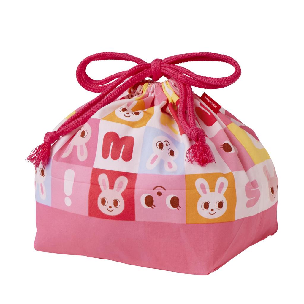 MIKI HOUSE Lunch Bag, Drawstring Bento Bag with Logo, Bear, and Rabbit Design, Made In Japan, for Boys and Girls, Baby, Kids, Kindergarten, Nursery,