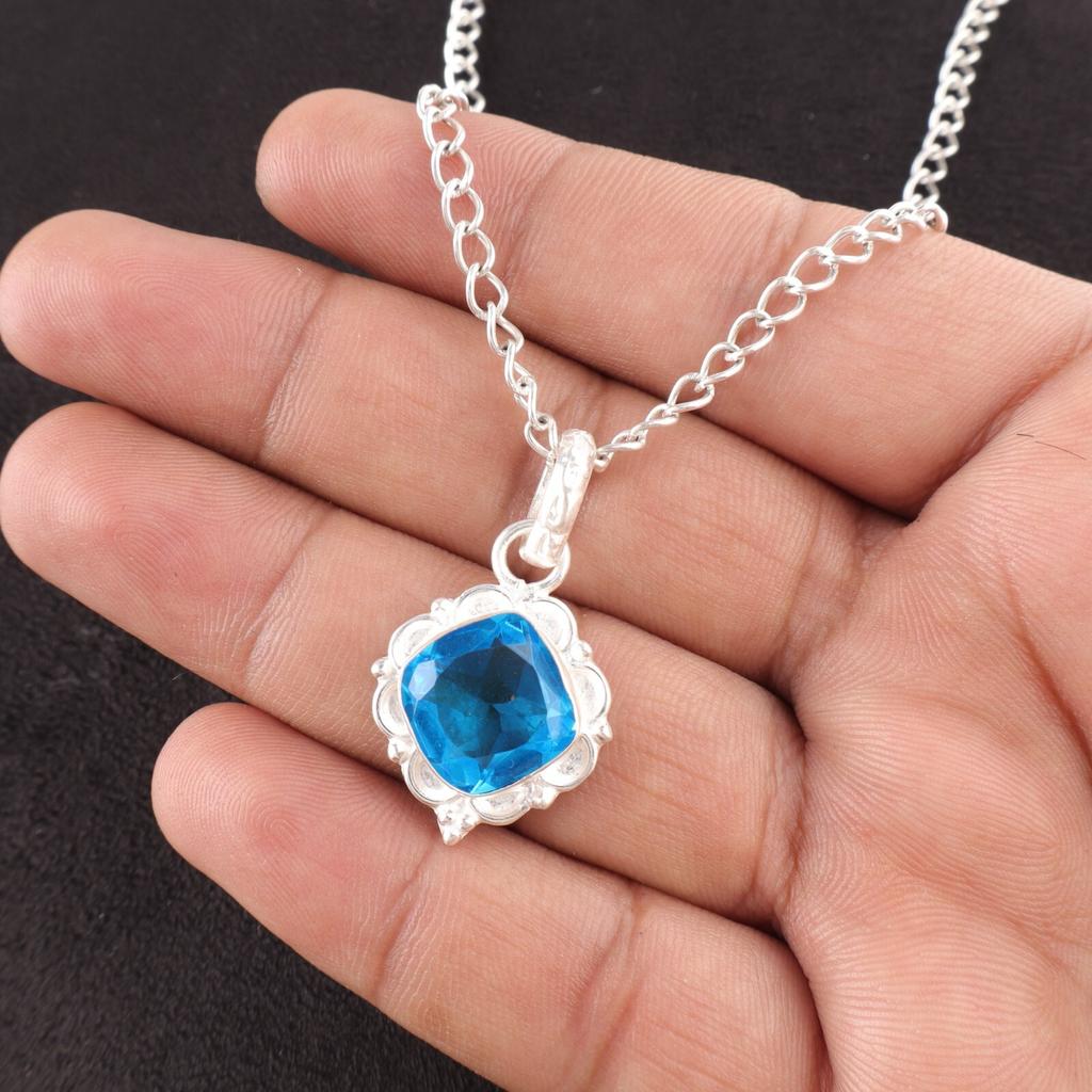 Cushion Swiss Blue Topaz Stone Sterling Silver Artisan Sisters Gift New Pendant PP-2-7