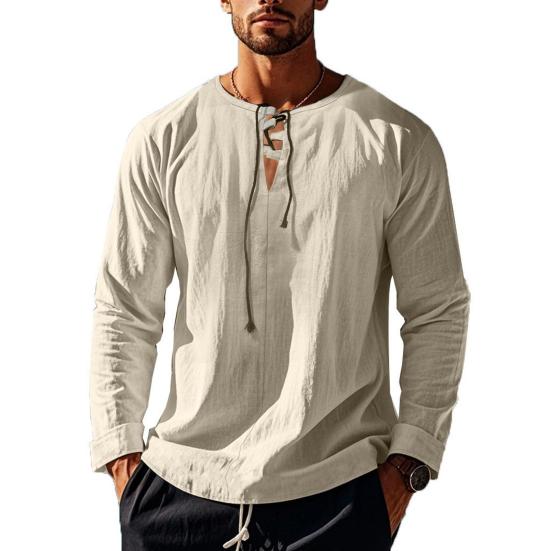 Мужская хлопковая рубашка с V-образным вырезом, длинный рукав, свободная футболка, однотонная летняя футболка