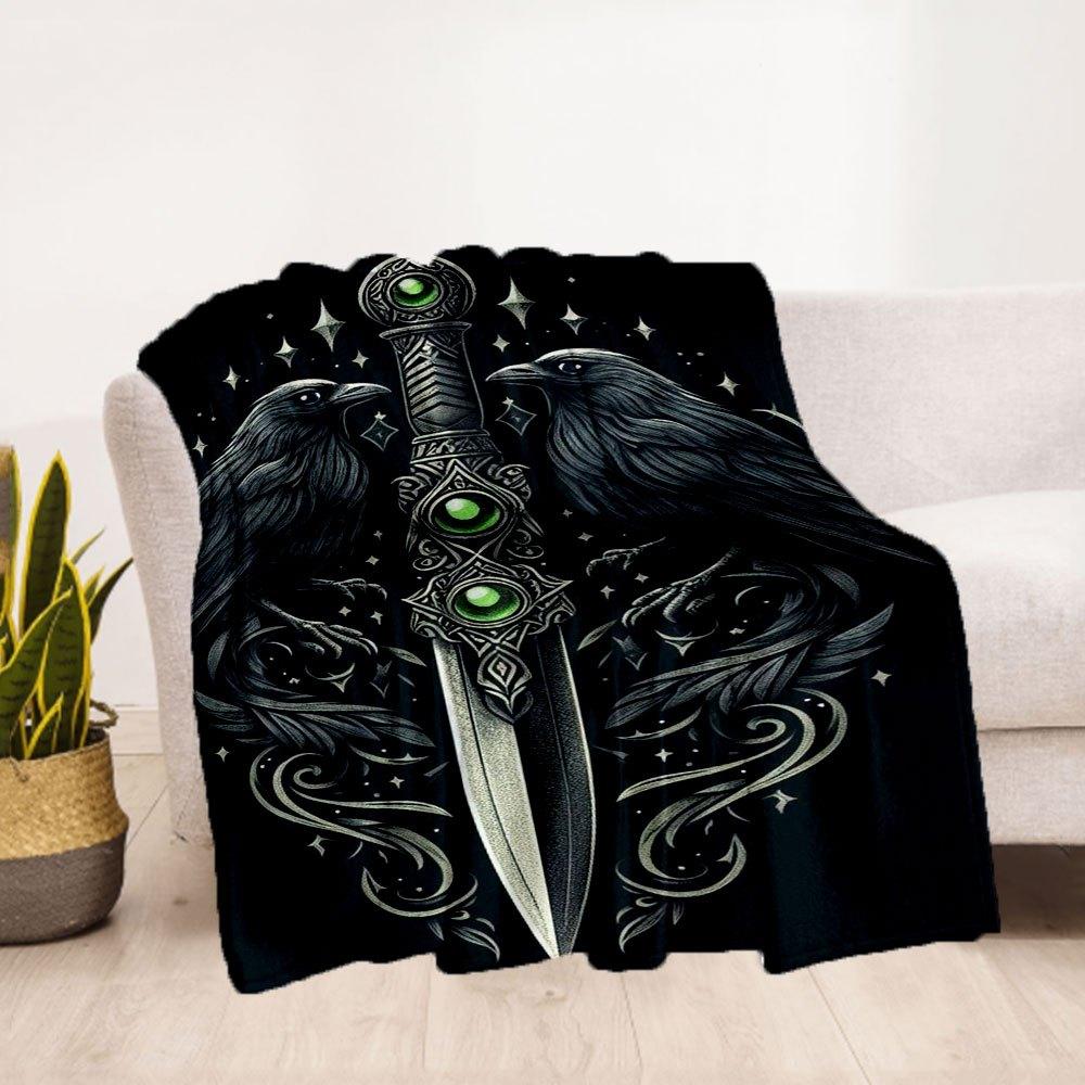 "Raven & Sword: Mystical Tattoo Design Art Print"Blanket Flannel Throw Blanket for Sofa, Bed, Travel, Camping, Office, Couch, Chair, And Bed