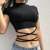 Women's Solid Color Cropped High Waist T-Shirt Summer Crisscross Tie Front Slim Fit Crop Top Stretchy Bodycon Casual Short Sleeve Shirt for Streetwear