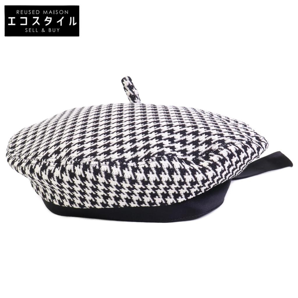 Dior [Excellent Condition/Domestically Authorized] 35DAP910I121 Wool Houndstooth Beret with Ribbon Design Hat 59 Black WhiteUsed