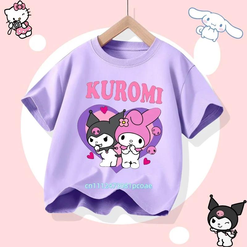 Childrens Tshirt Soft Cute Kuromi Cartoon Printed Parent Child Wear Pure Cotton Casual Boys and Girls Short Sleeve New Style