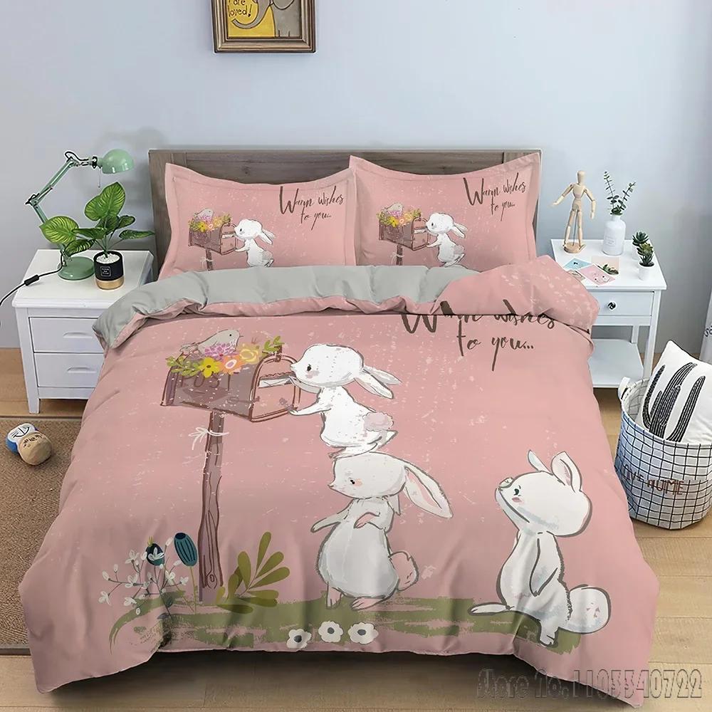 Gifts Cute Bunny Printing Polyester Duvet Cover Set HD Comforter Cover for Kids Bedding Sets Bedclothes Bedroom Decor
