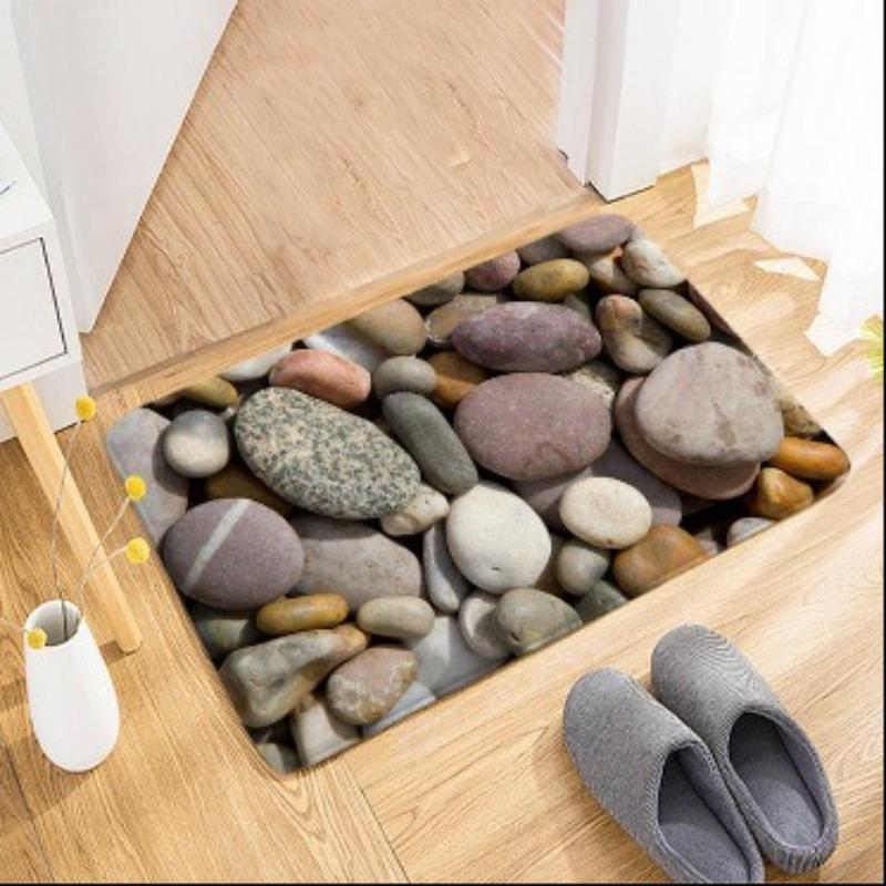Pebble Stone Texture Door Mat Realistic River Rock Non-Slip Absorbent Entrance Rug Nature Green Leaf Decor Carpet