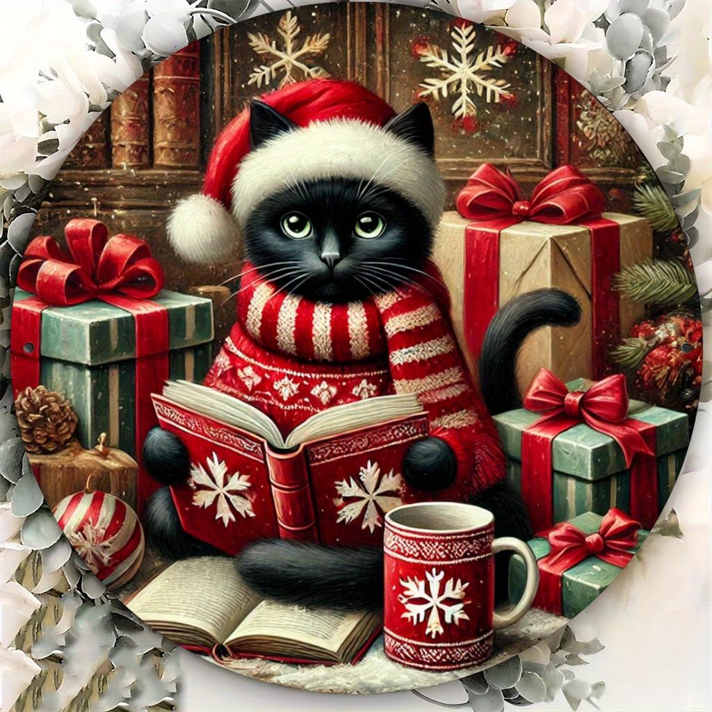 pc D Flat Printed Metal Signage Festive Christmas Reading Cat Theme Decoration Suitable for Door DecorationWall Decoration