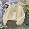 Autumn Spring Women Stand Neck Fleece Cropped Letter Embroidery Long Sleeve Drawstring Half High Neck Sweatshirt Elegant Plush Velvet Tops