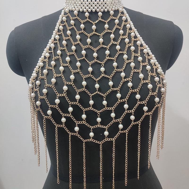 Hot Design Handmade Beaded Electroplated Iron Necklace Slim-fit Tube Top Women's Clothing Chest Pearl Body Chain