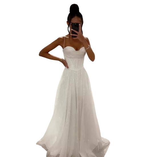Bridal Wedding Dress Prom Party Evening Dress Backless Spaghetti Strap Sequin Sleeveless A-line Floor Length Ball Gown Pleated Low-cut Cocktail Dress