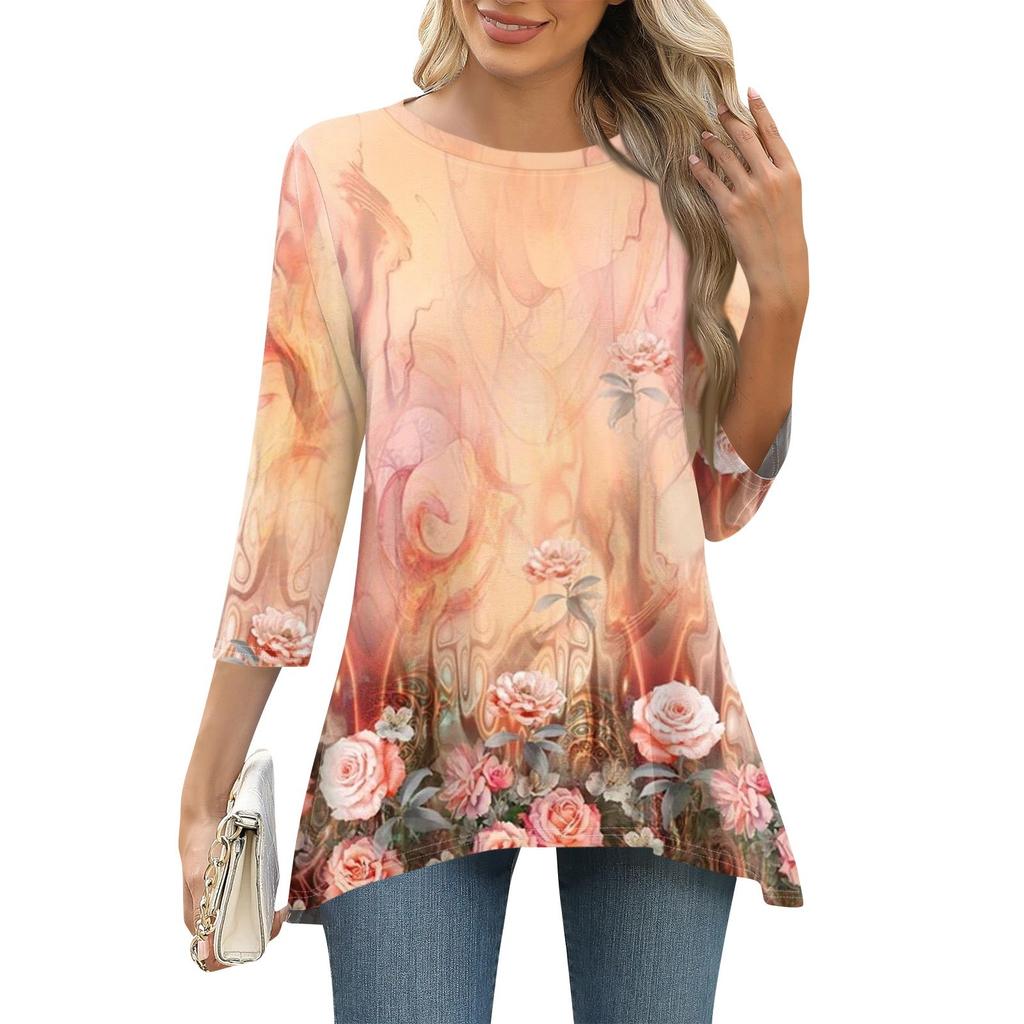 3/4 Sleeve Tunic Tops For Women Printed Daily Weekend Loose Fit Fashion Basic Round Neck T Shirt