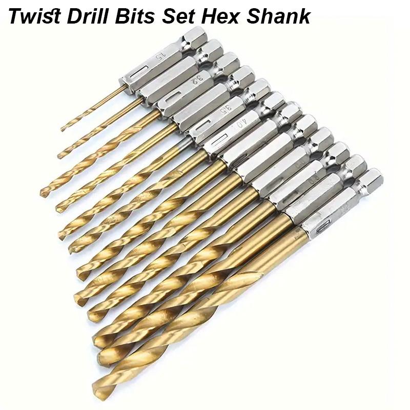 Drill Bit Set 1/4 Hex Shank Handle HSS High Speed Steel Titanium Coated Hexagon Wood Soft Metal Plastic PVC Hole Cut Power Tool