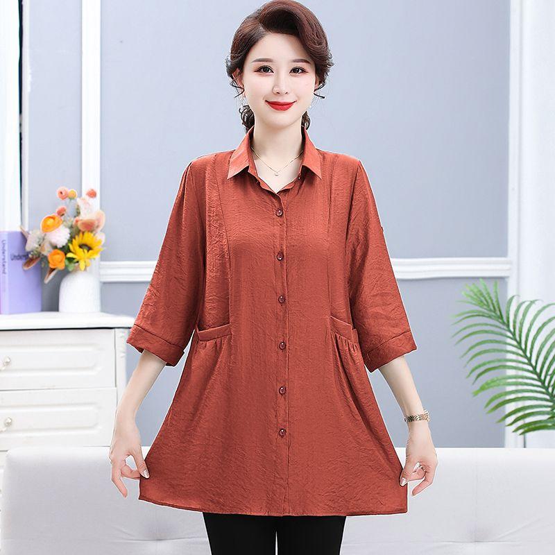 Повседневная однотонная рубашка миди для поездок на работу, однобортная, модная, с отложным воротником, летняя, рукав 3/4, женская одежда, карманы, блузка
