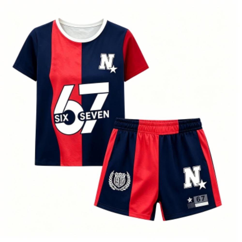 Kids Letter 67 Color Blocking Printed 10 Colors Outdoor Street Kids T-shirt and Shorts 2 Piece Set Summer Home Casual Outfit Boy and Girl's Sports Set