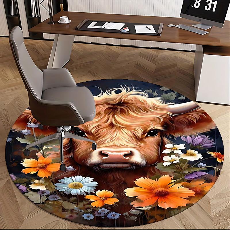 1pc Highland Cow with Flowers Round Carpet Anime Design Chair Mat for Office, Home Decor, Living Room, Bedroom, Game Room, Non Slip Rug