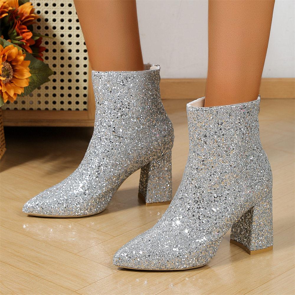 Элегантные женские сексуальные ботильоны с пайетками, женская обувь на шнуровке, на высоком каблуке, с острым носком, современные женские ботильоны для женщин