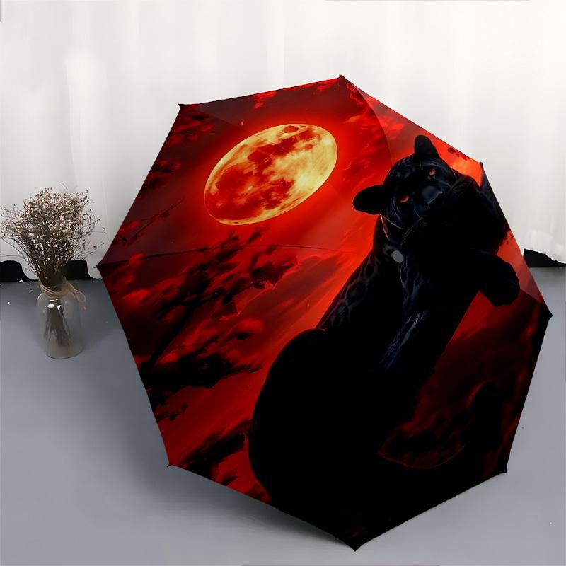 Black Leopard Moonlit Night Themed Automatic Opening and Closing Umbrella, Brightly Colored 8-rib Portable Umbrella, Suitable for Men and Wo