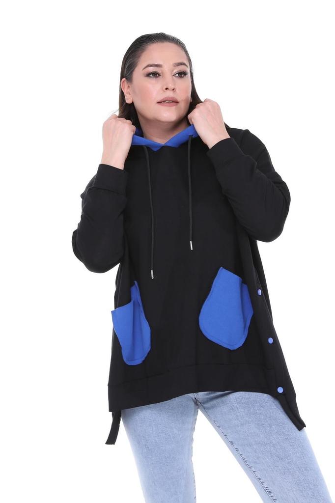 Women's Style Big Size Sweatshirt Large Size Extra Comfortable Fit Black Sweatshirt With Green Pocket Detail