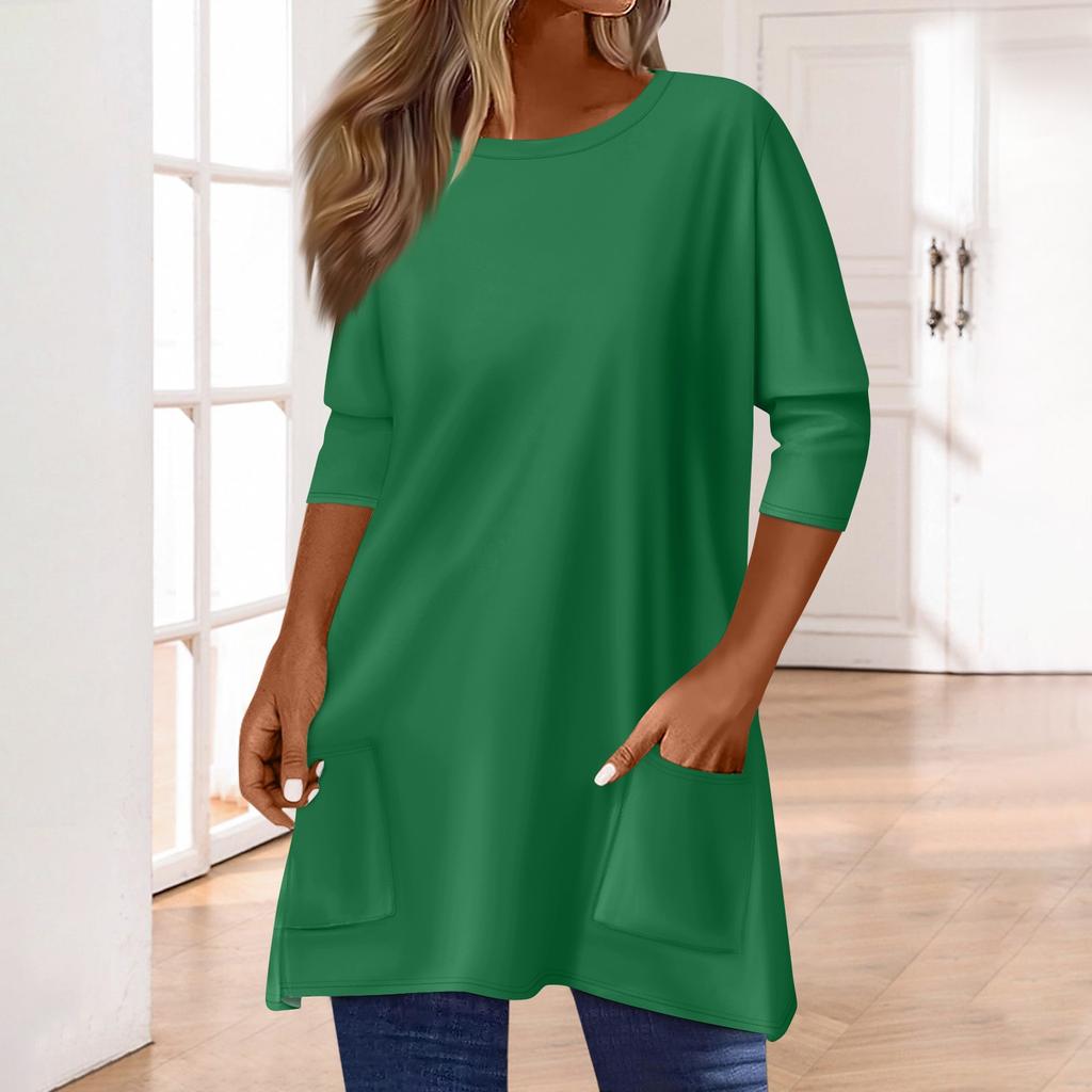 3/4 Sleeve Pocket Tops For Women T-Shirt Casual Print Mid-length Tops T Shirt Round Neck Pullover Blouse