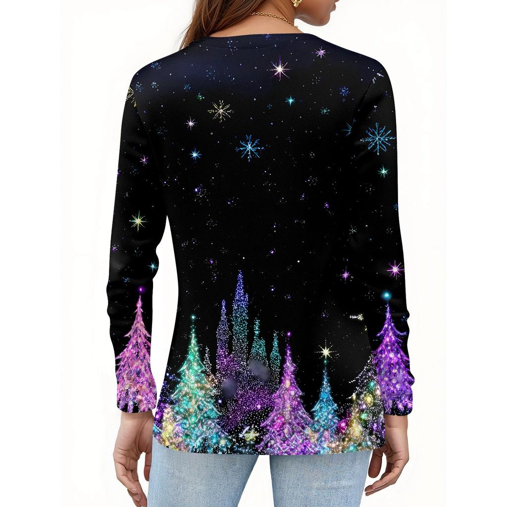 Женская футболка с рождественским принтом на пуговицах с длинным рукавом, повседневная, выходного дня, модная, базовая, с V-образным вырезом, обычная
