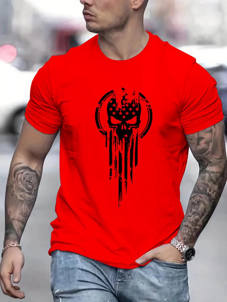 Men's Summer Loose Size 100% Cotton Skull Print Casual Slim Fit Round Neck Short Sleeve T-shirt Top O-neck Pactwork Casual T