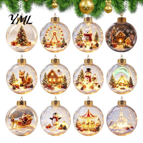 Warm LED Holiday Displays Glowing Christmas Ball Ornaments, 3D Lighted Acrylic Hanging Miniature Scene Ornaments Balls for Tree Mantel Window,
