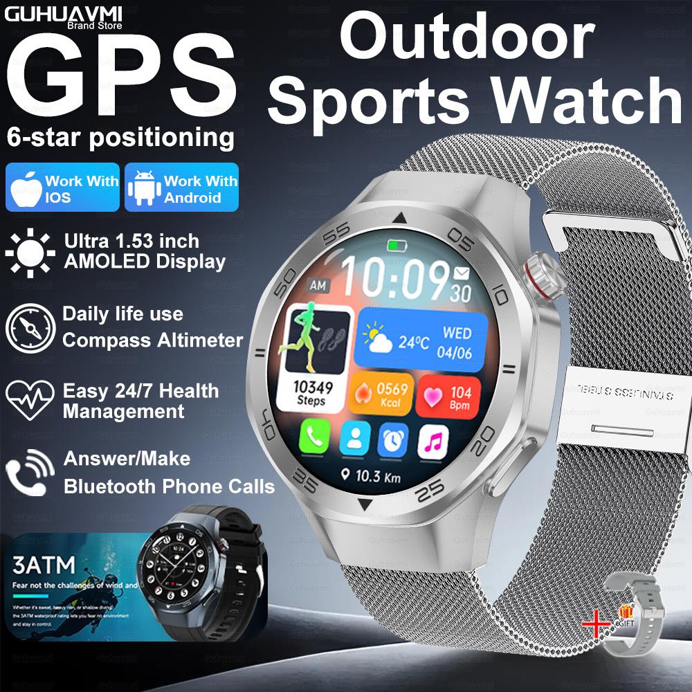 Новые умные часы с GPS-позиционированием для мужчин, 1,53-дюймовый AMOLED HD-экран, компас, датчик сердечного ритма, водонепроницаемость 3ATM, звонки, спортивные, деловые умные часы