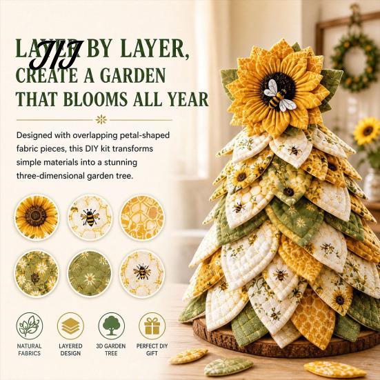 Handmade Fabric Flowers Sunflower Bee Tree DIY Craft Kit, 3D Quilted Farmhouse Room Accents Patchwork Set, Tabletop Ornament for Living Bedroom Kit