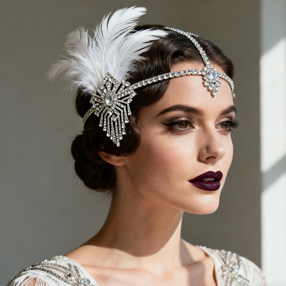 Exquisite Vintage Feather Headband Sequin Crystal Masquerade Hair Band Rhinestone Tassel 1920s Hair Accessories Women