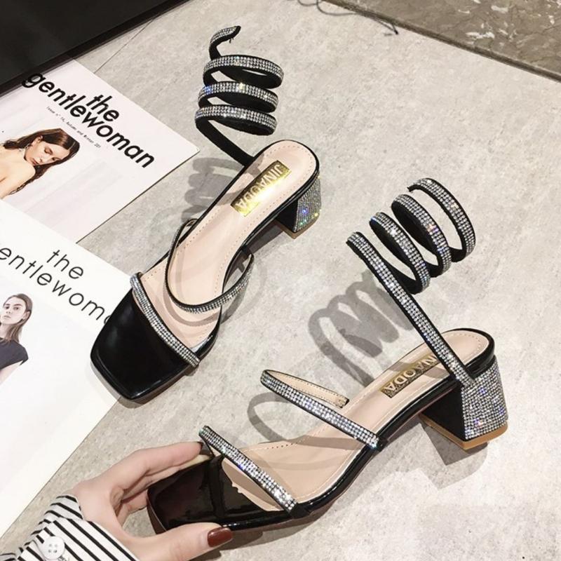 2024 весна и осень босоножки все модные стразы толстый каблук змеиная обертка туфли на высоком каблуке туфли-лодочки женская обувь