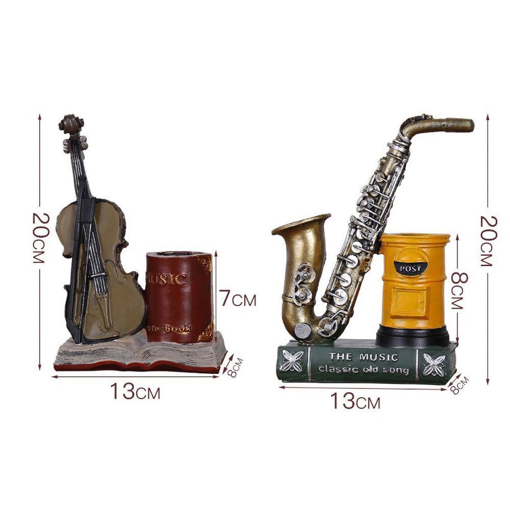Vintage Saxophone and Violin Pen Holder, Retro Music Theme Resin Craft for Desk Decor, Unique Office Organizer Gift