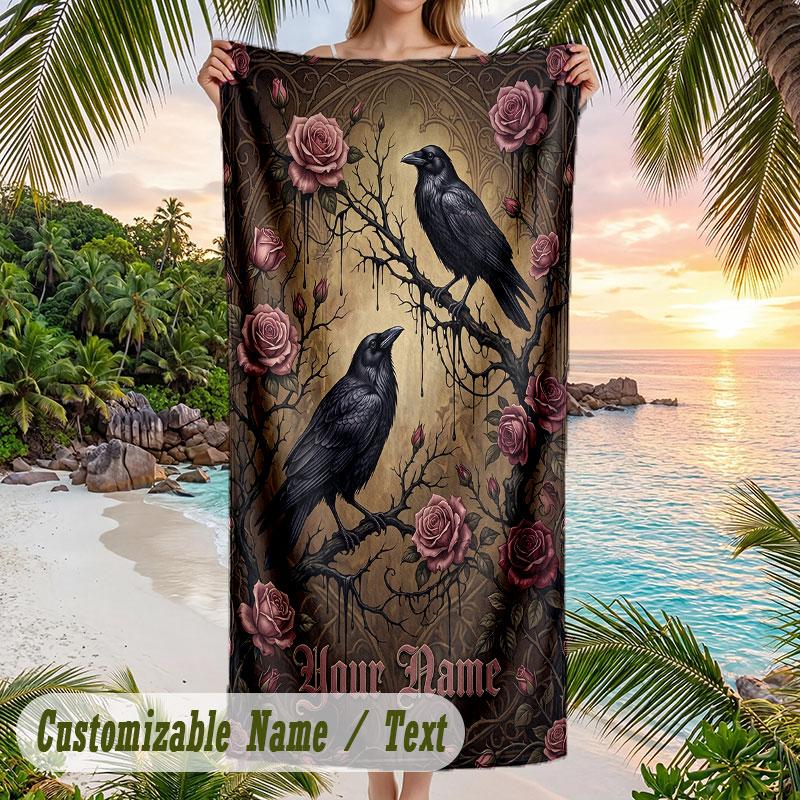 Ravens Roses Artwork Theme Quick Dry Beach Towel Custom Name Text Print Large Sand Resistant Towel Beach Vacation