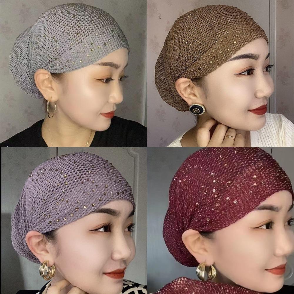1pc New Full Cover Bonnet Hat Elastic Breathable Headscarf Cover White Hair Rhinestone Headwear Gift