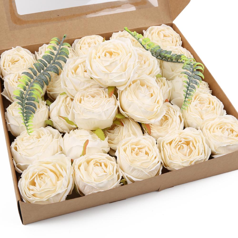 25 Pieces White Rose Artificial Flower Head Vintage Dried Flower Artificial Rose Head Silk Fake Rose for Wedding Centerpiece Decoration