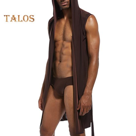 Мужской халат с поясом, капюшоном, без рукавов, однотонный халат из ледяного шелка, с открытой передней частью, мягкий домашний халат из ледяного шелка