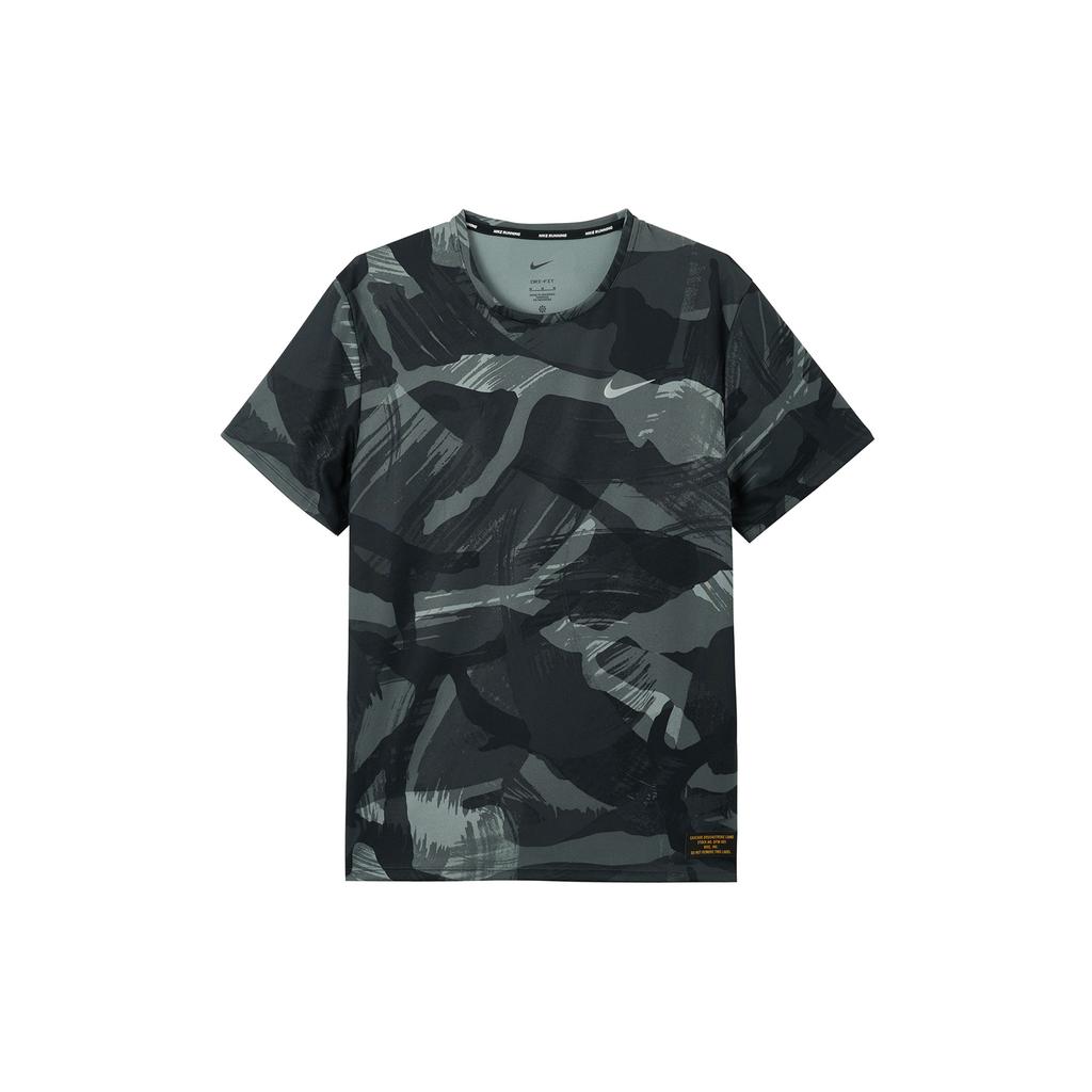 Nike Dri-FIT Miler Slim Fit Camo, быстросохнущая удобная удобная футболка с круглым вырезом и короткими рукавами, мужские топы, черные FD4053-010