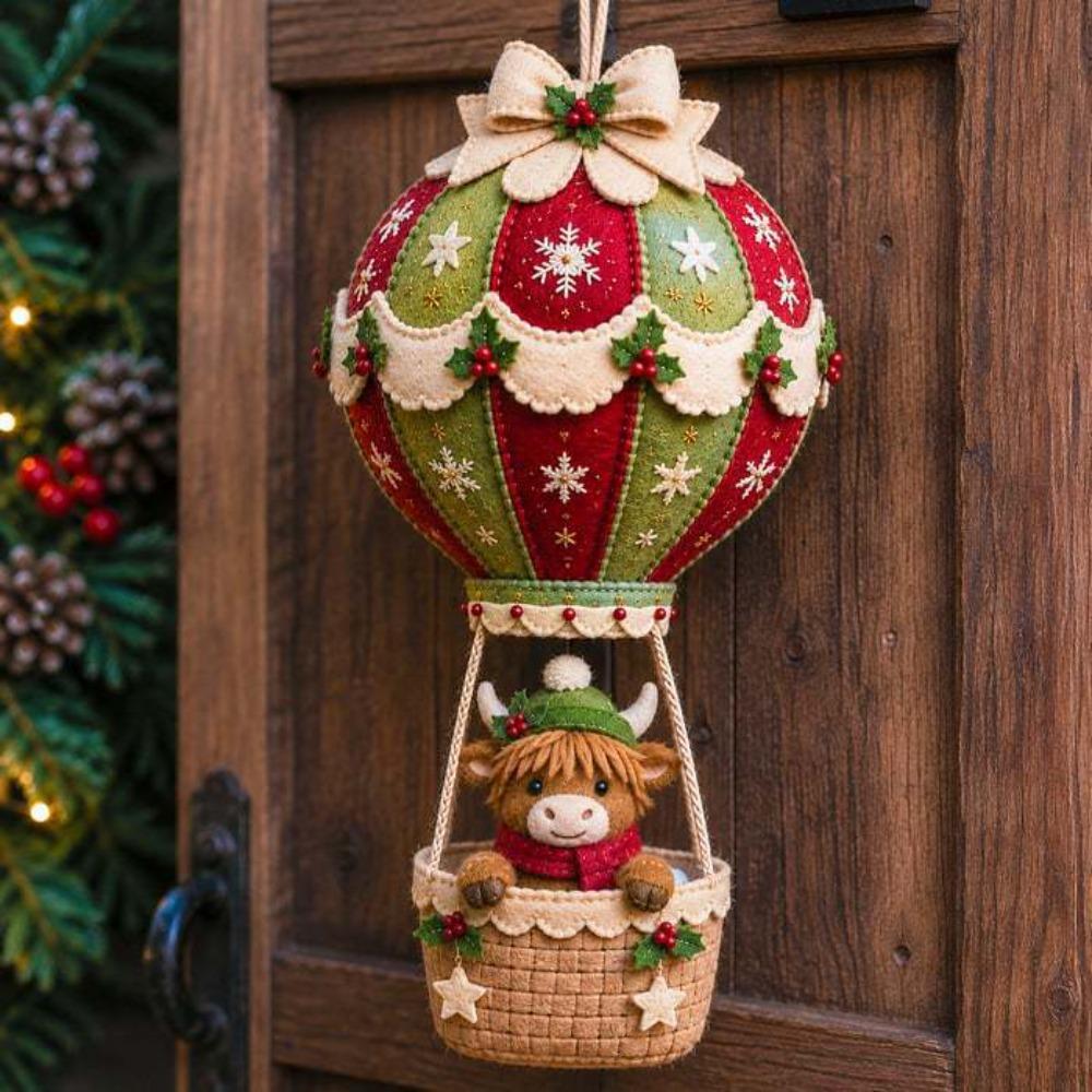Vintage Christmas Hot Air Balloon Kit with Bell Bow Snowman Santa Balloon Hanging Decor Handmade Hand-Sewn Xmas Tree Pendant Kit