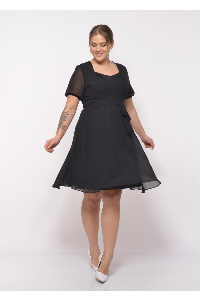 Women's Square Neck Pleated Detail Short Sleeve Midi Length Chiffon Dress 4469/105