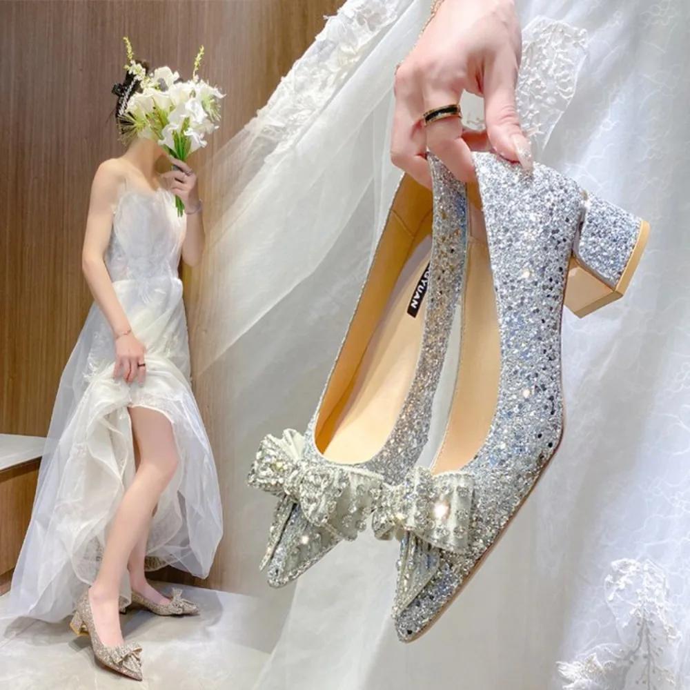 Shiny Crystal Bowknot Pumps Women 2024 New Thick Heels Rhinestone Wedding Party Shoes Woman Gold Silver Sequin Pointed Toe Pumps