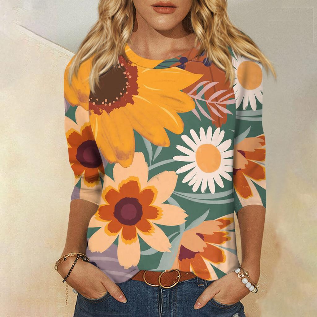 Women's Fashion Casual Printed 3/4 Raglan Sleeve Round Neck Top