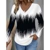 Elegant Directional Long Sleeved V-neck Black and White Gradient Printed Women's T-shirt Trendy Women's Wide Neck Comfortable Printed Top