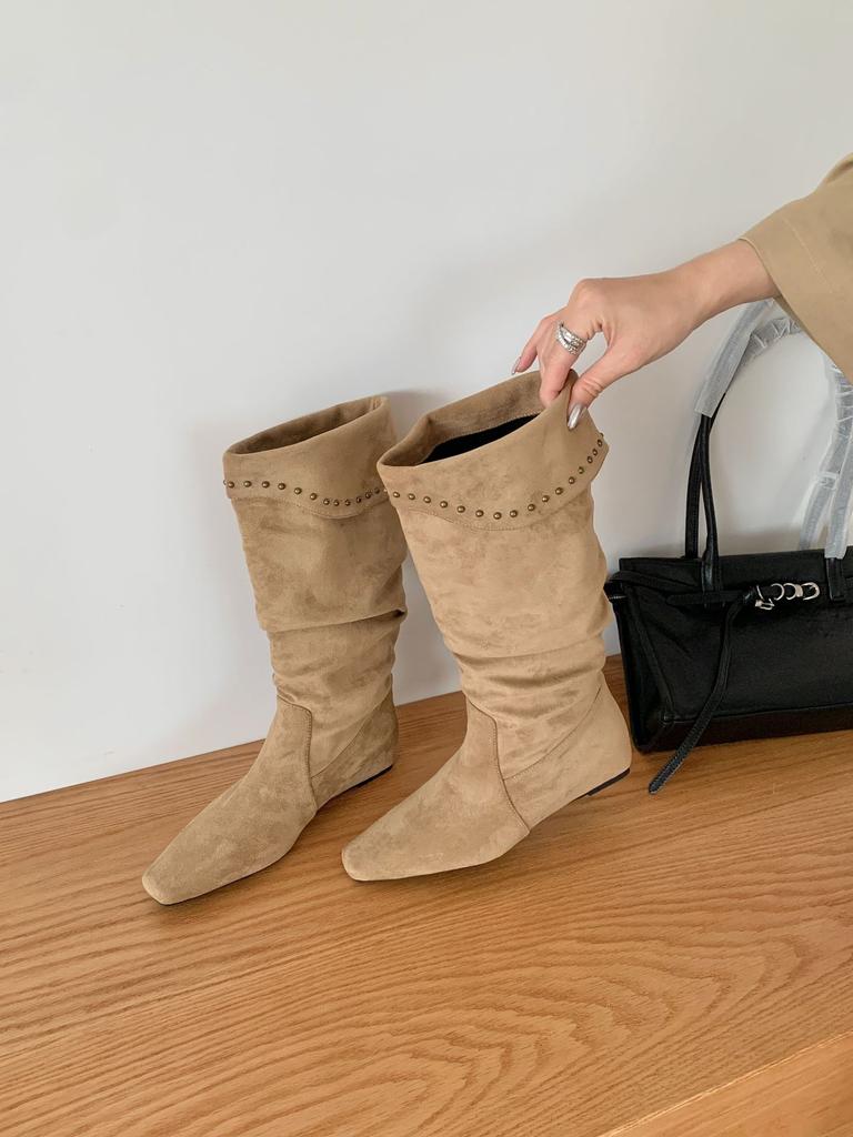 2025 Winter New Suede Inner Heightening Knight Boots Long Tube Thin Boots Rivet Boots Children's Pleated Stacking Boots