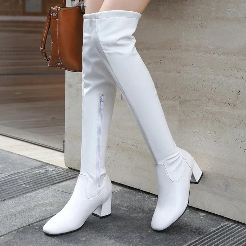 Классические высокие сапоги женские, осень-зима, квадратный каблук, средний, выше колена, черные, белые, туфли, женские, больших размеров