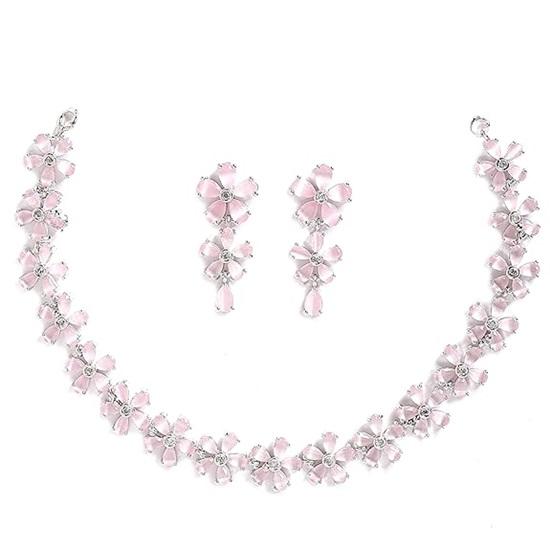 Rhodium Plated Silver Toned White American Diamond Studded Flower Shaped Jewellery Set For Girls and Women